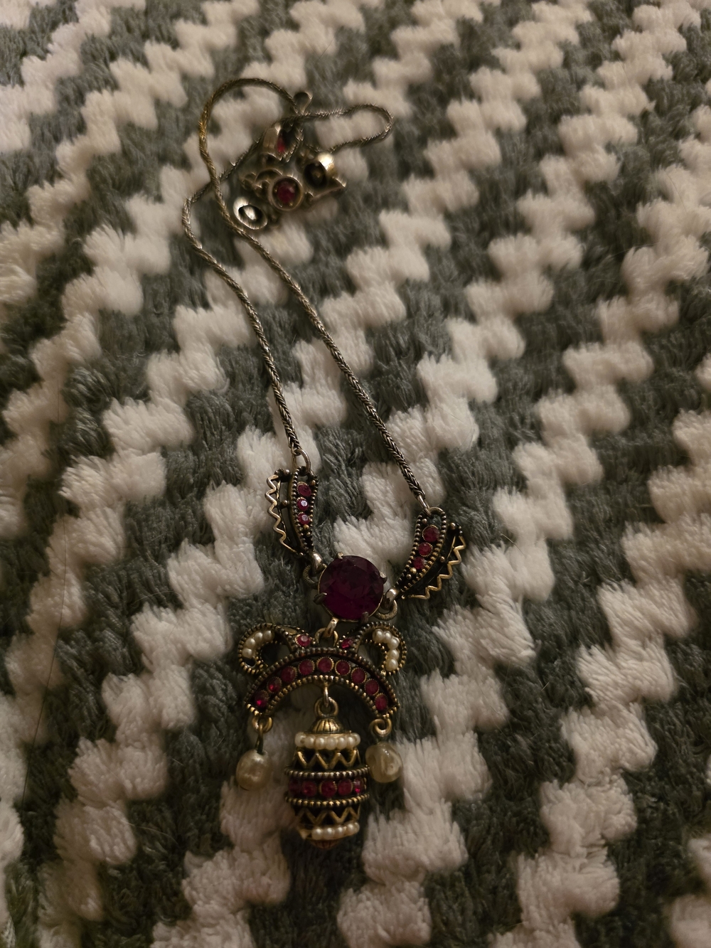 Ornate Gold-Tone Necklace with Deep Pink Stones and Pearl Drops